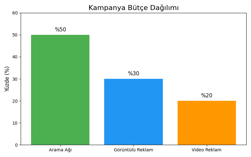 Kampanya bütçe dağılımını gösteren grafik: Arama Ağı %50, Görünülü Reklam %30, Video Reklam %20